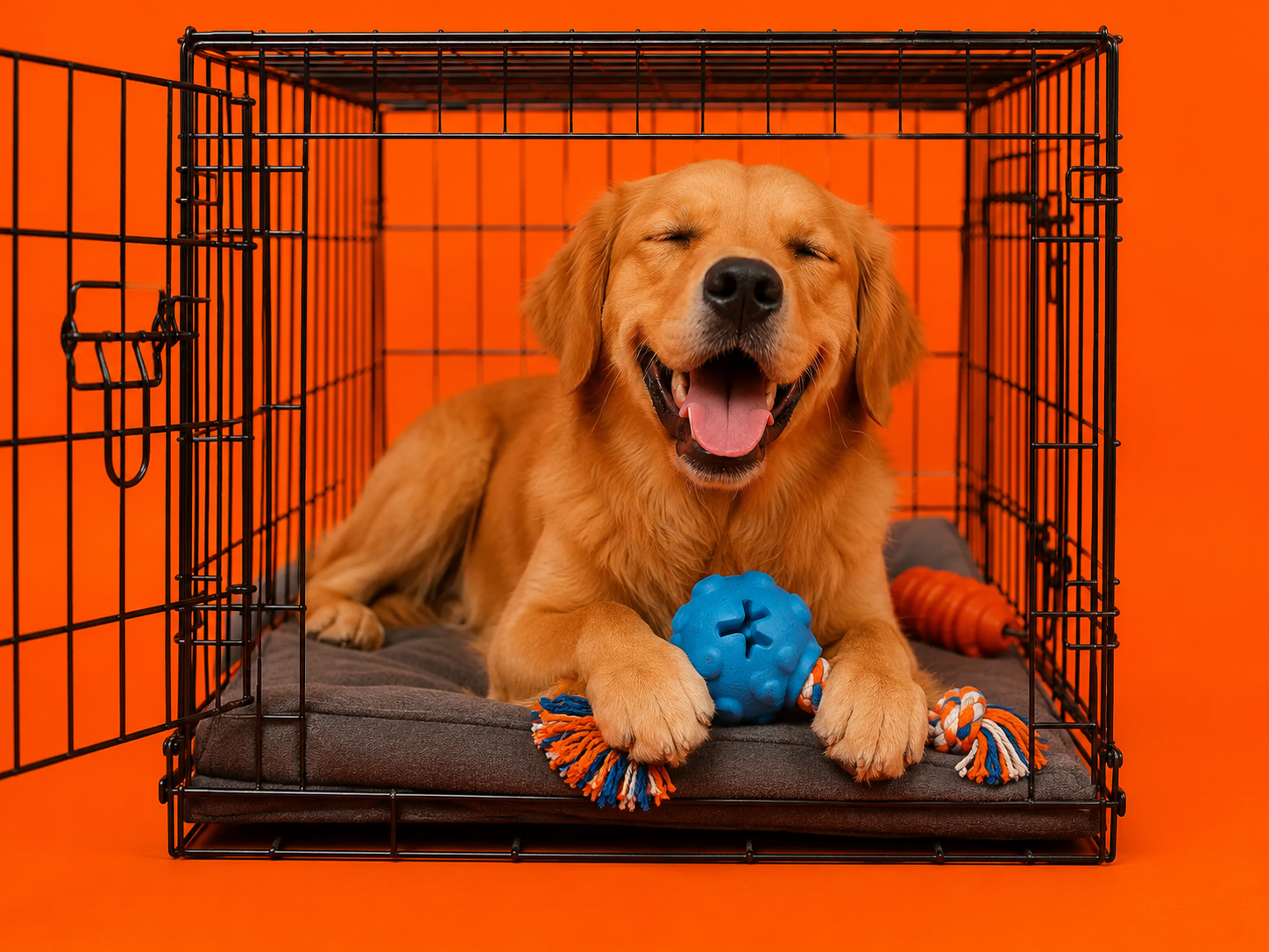 dog in a crate on orange background playing with bullymake dog toys