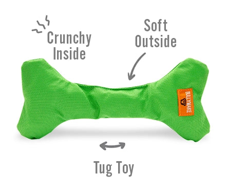 Green bone-shaped tug toy with text indicating its features on a white background