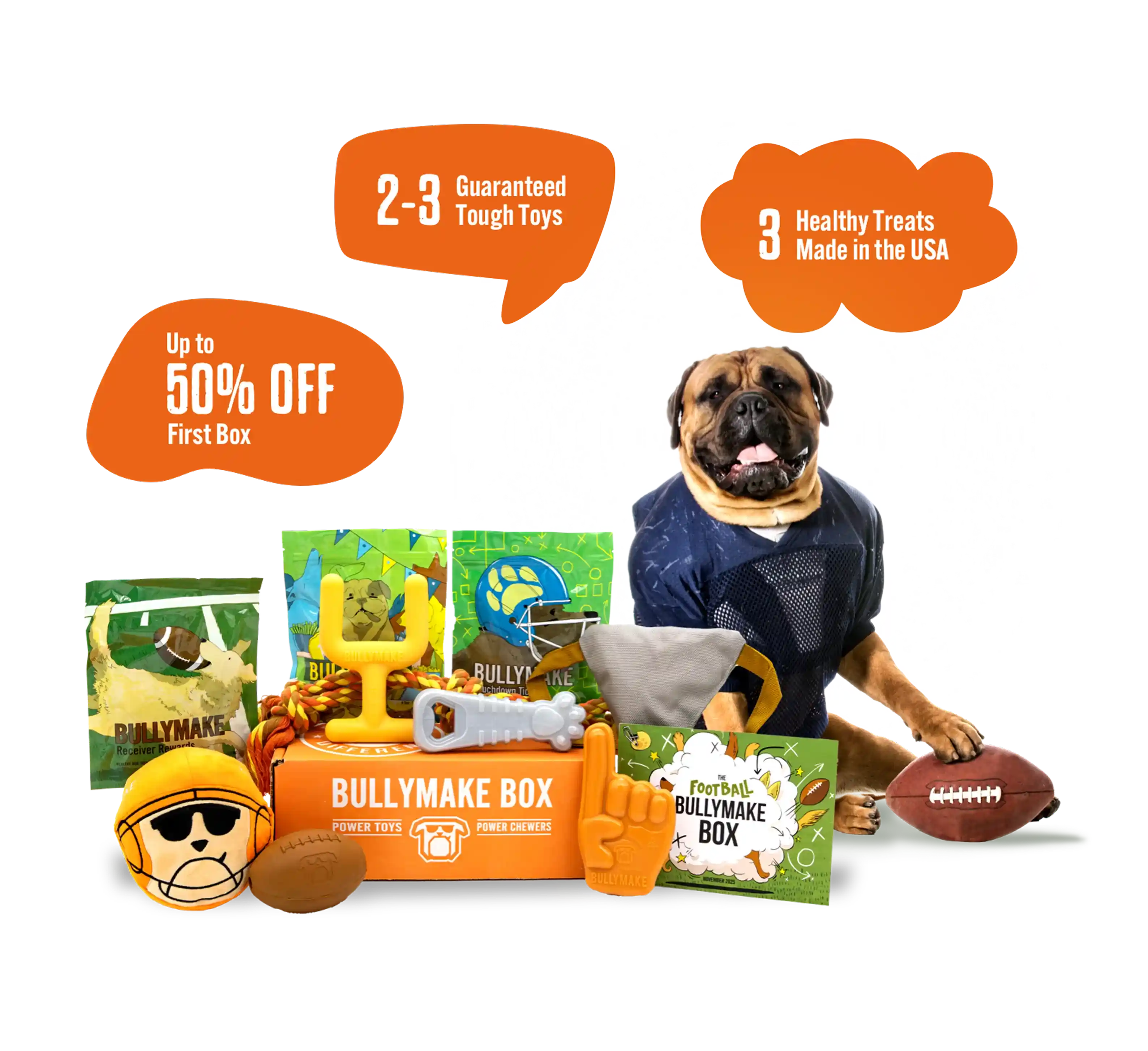 Dog with travel-themed toys, treats, and a 50% off Bullymake Box offer.