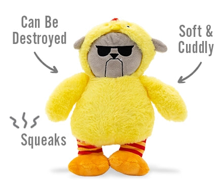 Plush toy with a cat face in a yellow costume, labeled 'Can Be Destroyed', 'Soft & Cuddly', and 'Squeaks'.