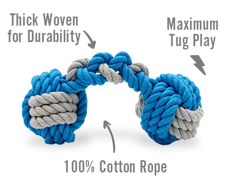 Dog toy with blue and gray ropes labeled for durability, tug play, and cotton content.