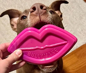 Dog holding a pink 'Bullymake' toy shaped like lips.