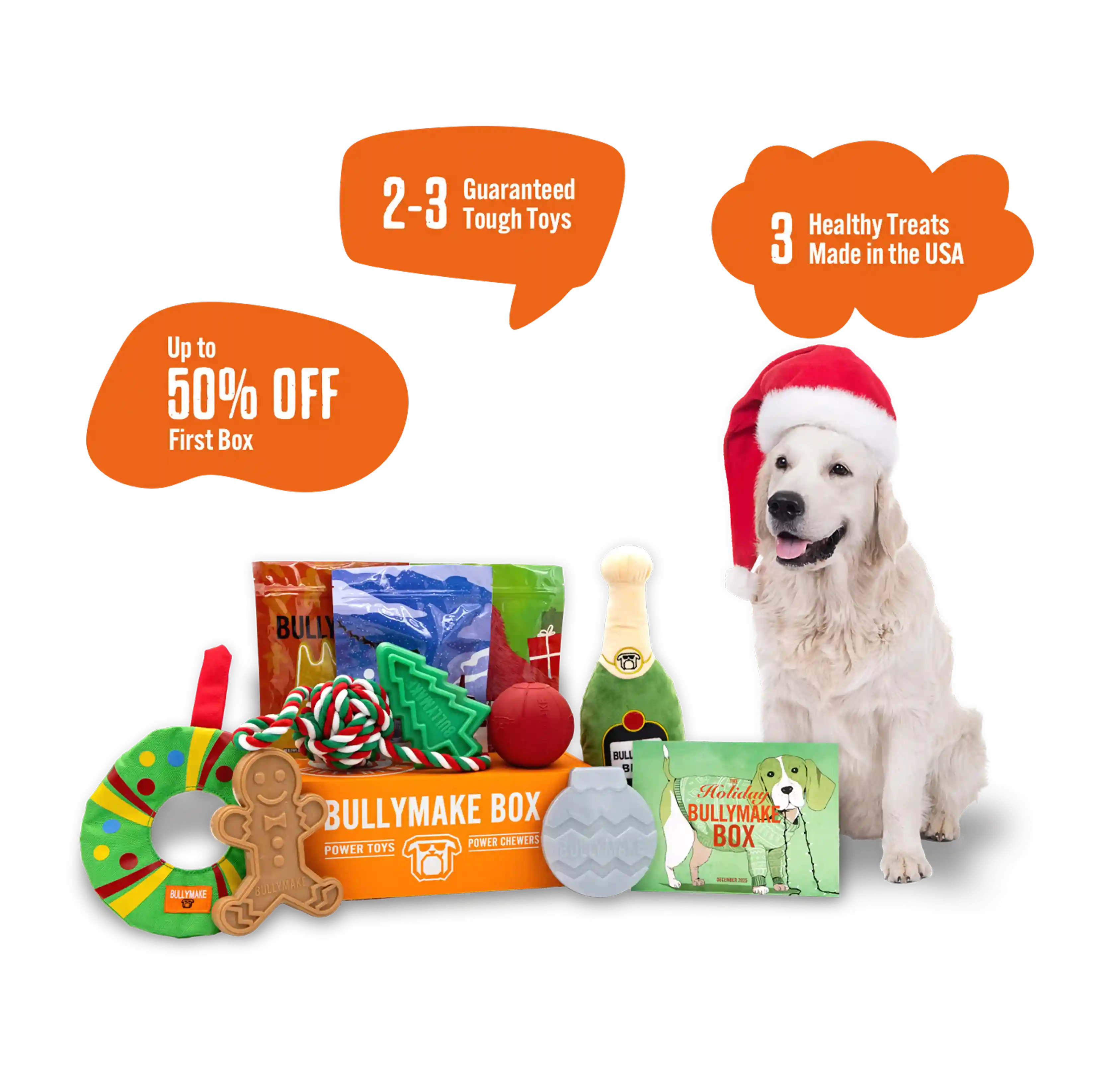 Dog with travel-themed toys, treats, and a 50% off Bullymake Box offer.