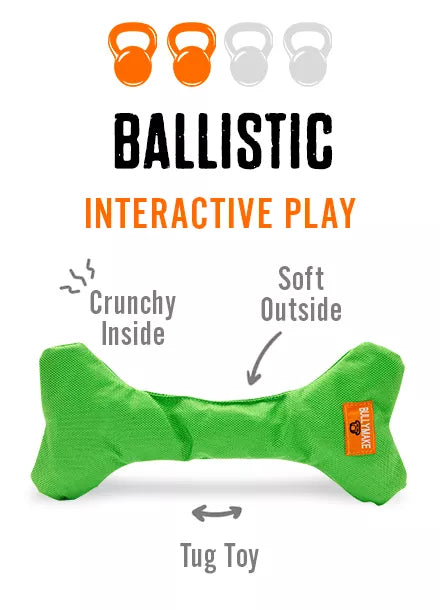Green bone-shaped "Interactive Play" toy with a crunchy inside; durability 2/4