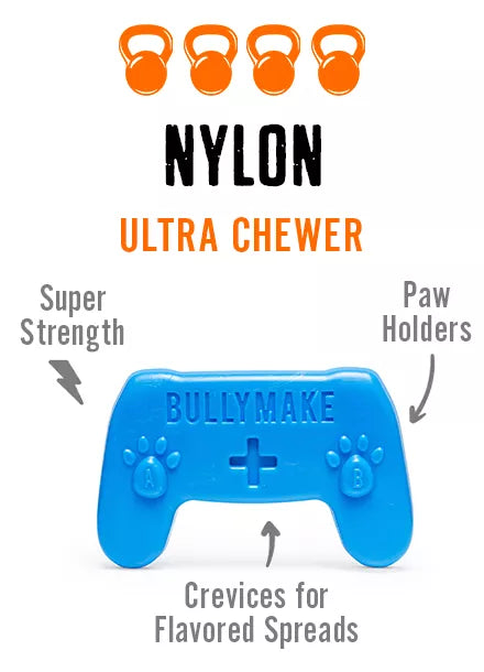 Blue controller-shaped "Ultra Chewer" toy with spreadable treat crevices; durability 4/4