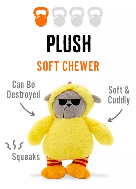 Yellow chicken-suit "Soft Chewer" toy that squeaks and is cuddly; durability 1/4