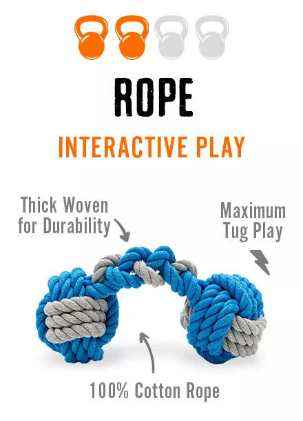 Blue and grey "Interactive Play" braided cotton rope for tugging; durability 2/4