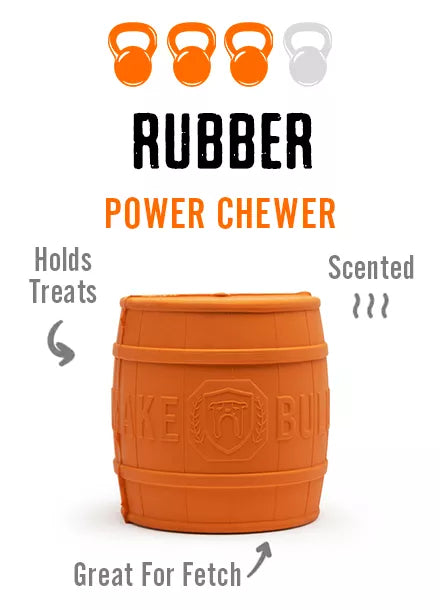 Orange barrel-shaped "Power Chewer" toy that holds treats; durability 3/4
